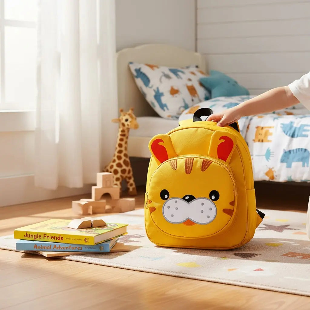 Sac à dos tigre jaune pour maternelle posé dans une chambre d’enfant