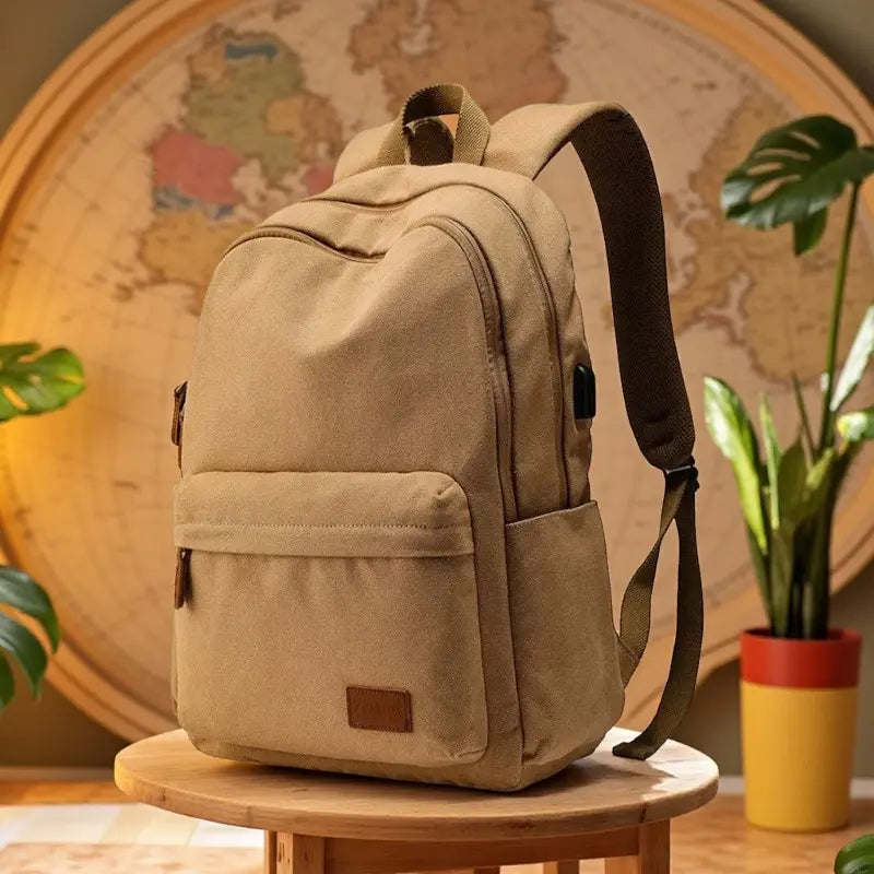 Sac à dos en toile coton beige grande capacité 35L au style rétro et robuste