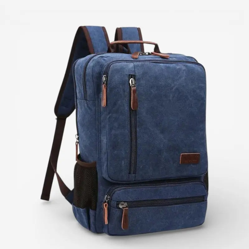 Sac à dos bleu en toile pour homme avec poches multiples et poignée