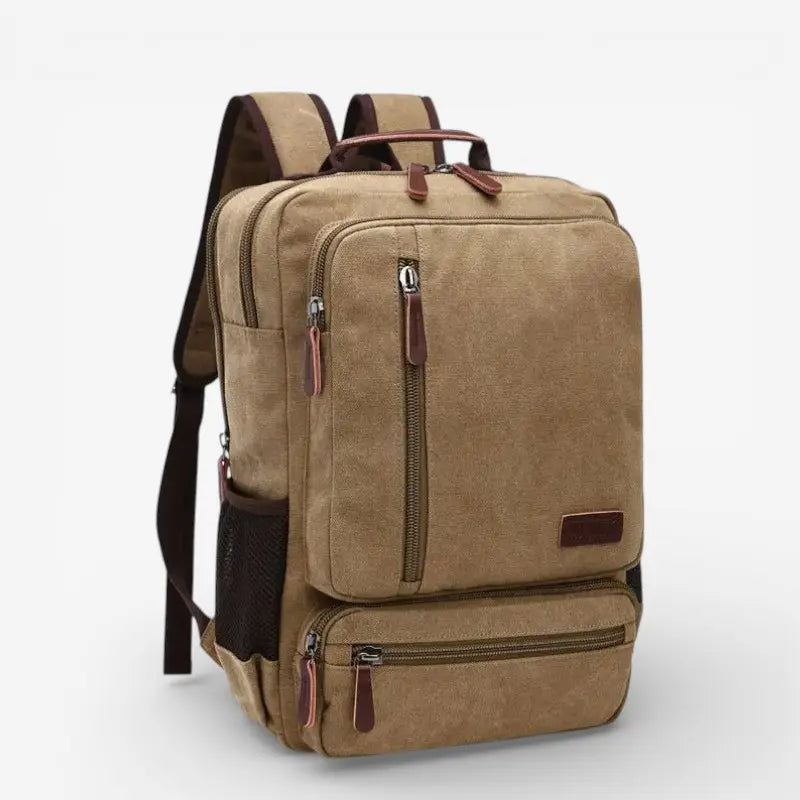 Sac à dos en toile camel pour homme étudiant avec poches zippées