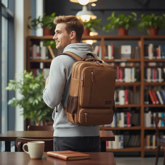 Jeune homme dans une bibliothèque portant un sac à dos en toile épaisse marron sur le dos.