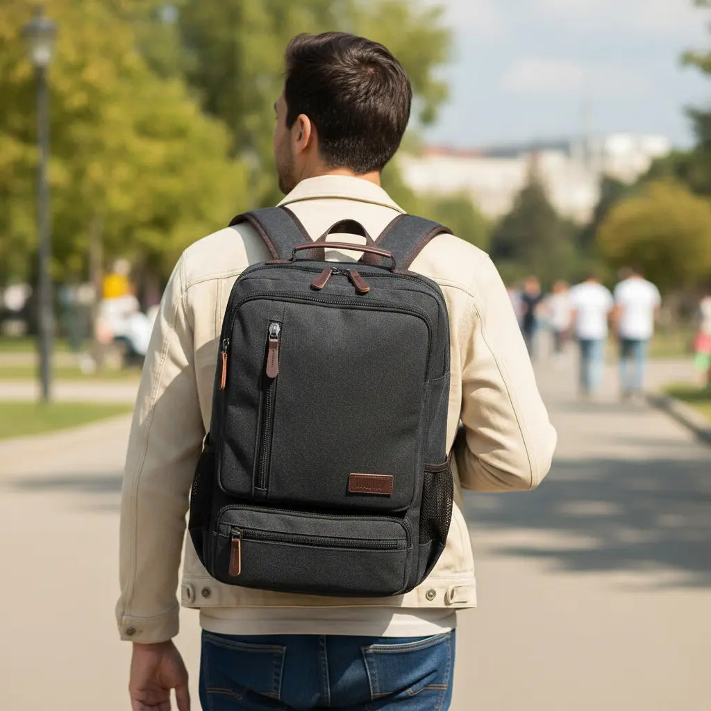 Sac à dos en toile pour homme étudiant porté de dos en extérieur