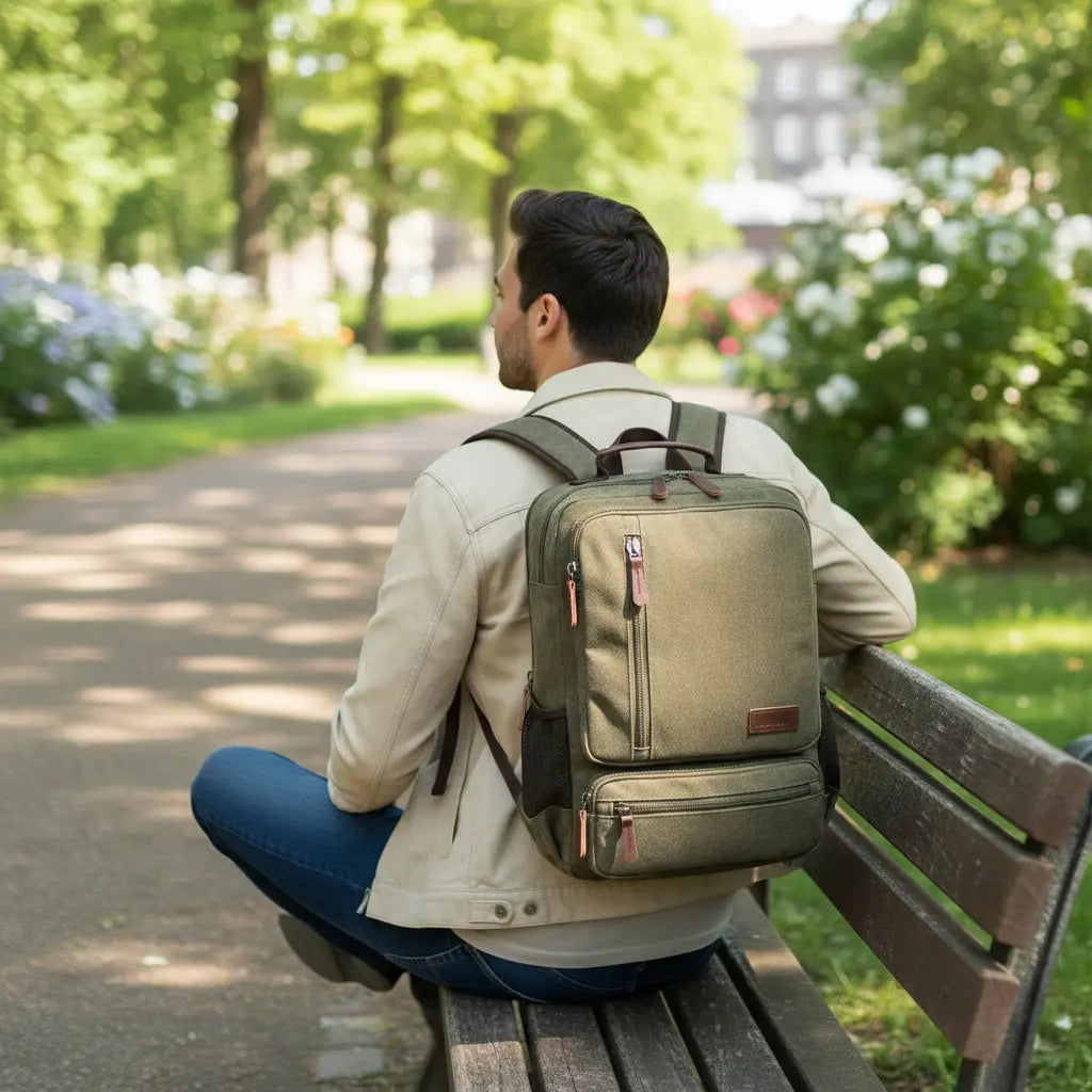 Sac à dos en toile pour homme étudiant utilisé en environnement urbain