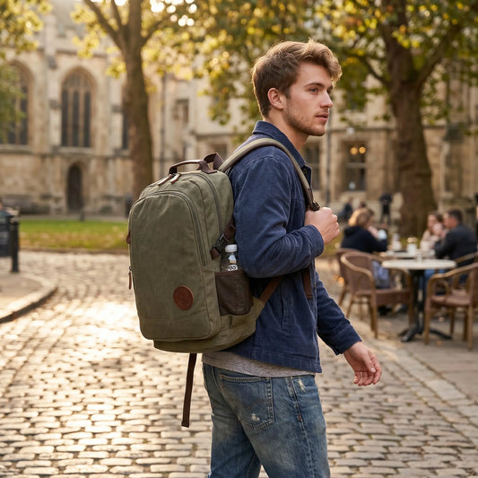 Sac à dos en toile vintage vert porté par un homme pour le travail ou les études
