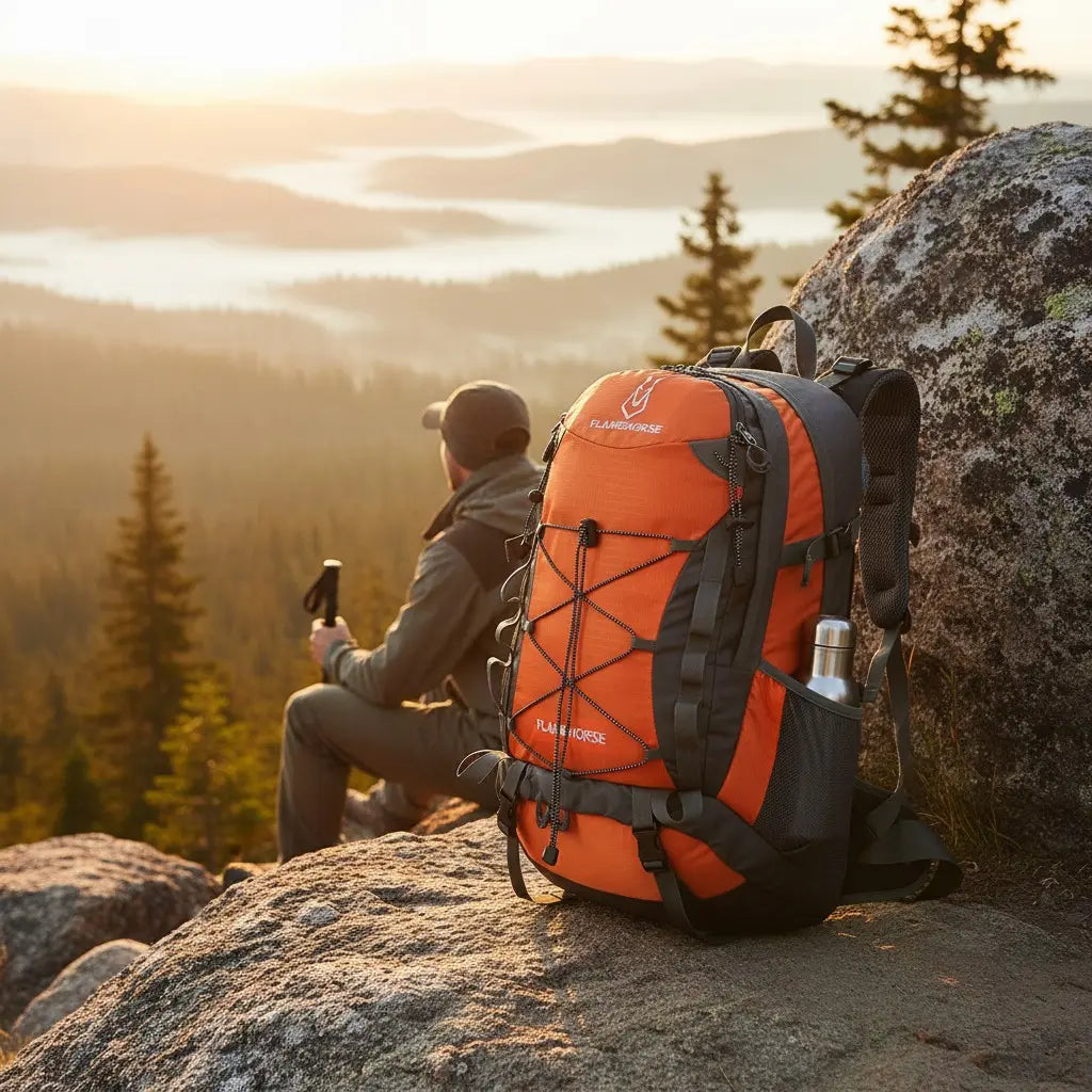 Sac à dos trekking 50L orange posé sur un rocher en montagne
