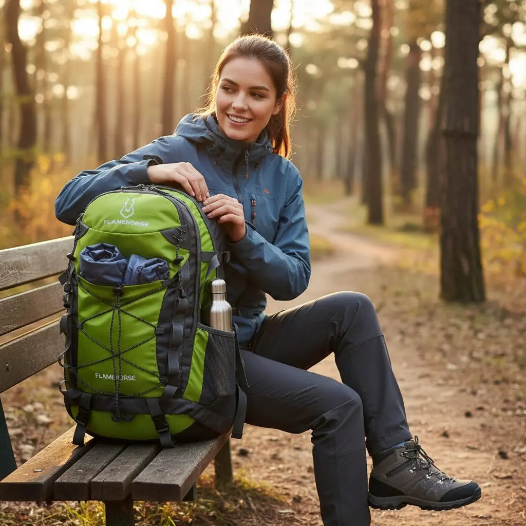 Sac à dos trekking 50L vert porté lors d’une pause en forêt