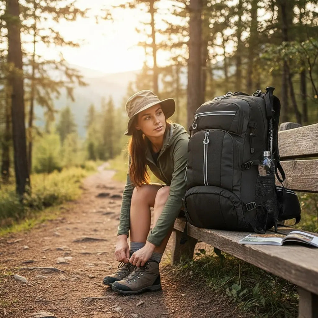 Femme assise près d’un sac à dos trekking 60L noir lors d’une randonnée en forêt