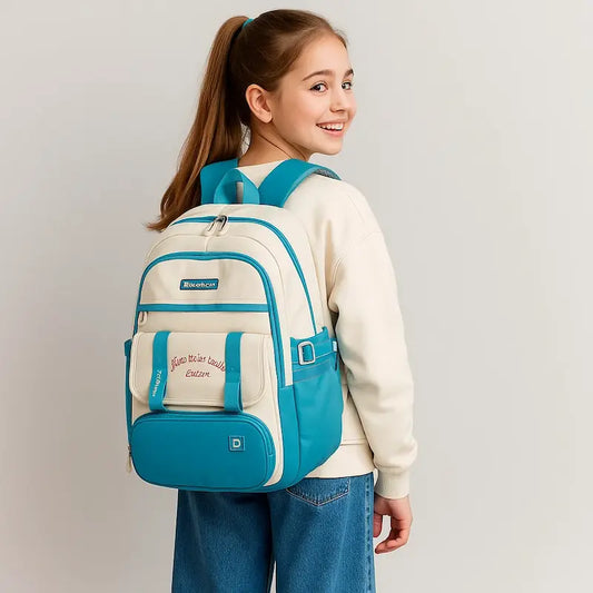 Sac à dos ultra léger fille bleu et blanc porté par une écolière