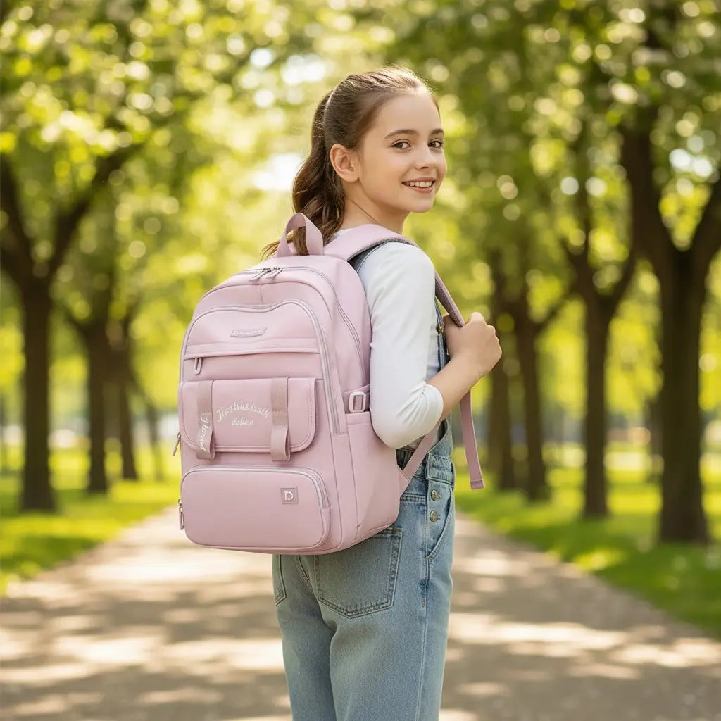 Jeune fille portant un sac à dos rose ultra léger dans une allée verdoyante, vue de profil.