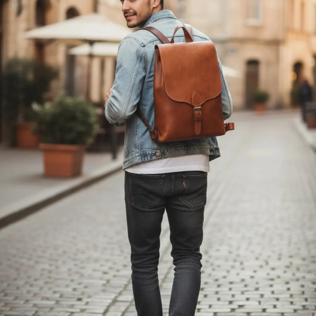 Sac à dos vintage en cuir pleine fleur marron avec boucle frontale porté par un homme.