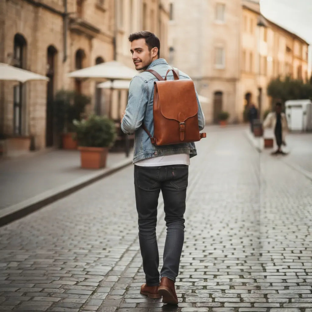 Sac à dos vintage en cuir pleine fleur marron avec boucle frontale porté par un homme.