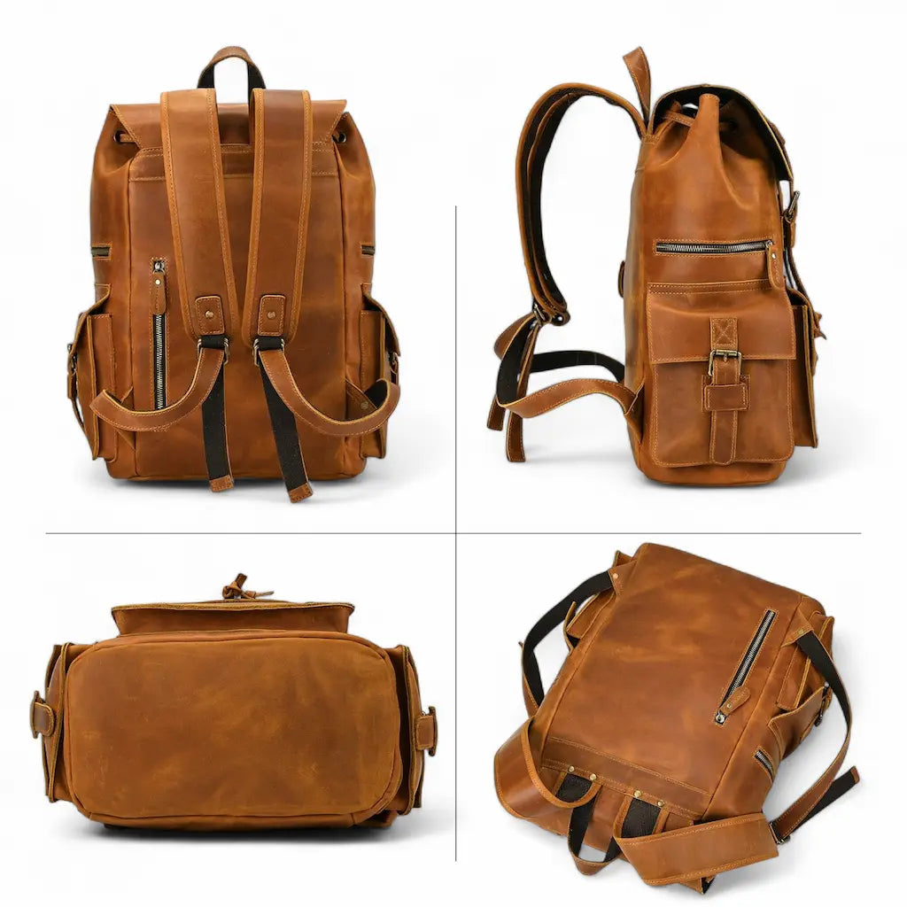 Vue multiple d’un sac à dos vintage en cuir de vachette brun clair, face, dos, dessous et ouvert.