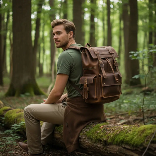 Vue arrière du sac à dos vintage homme en cuir véritable porté en milieu naturel