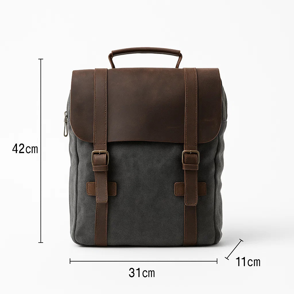 Dimensions du sac à dos vintage en toile grise et cuir véritable 42 x 31 x 11 cm