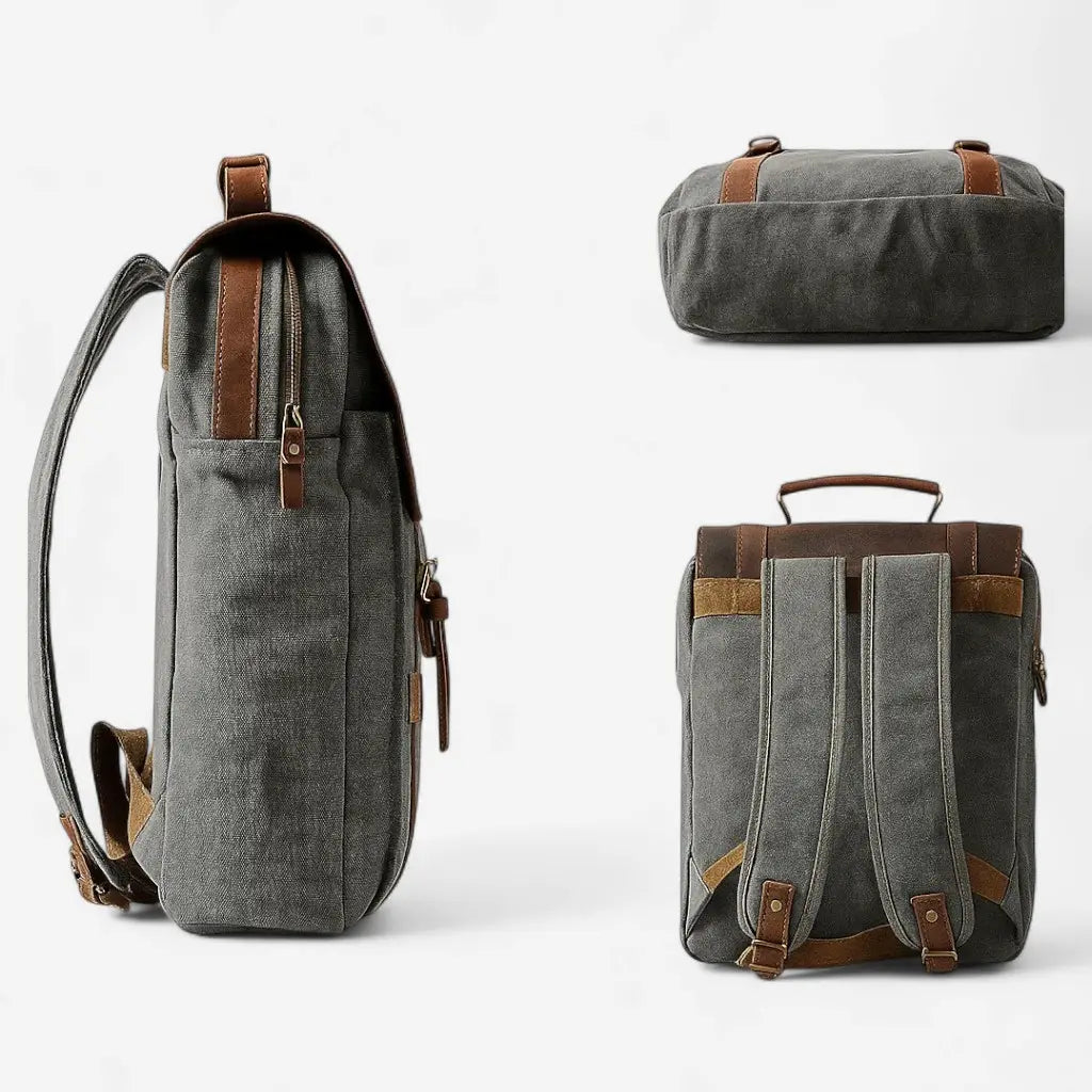 Vue de profil du sac à dos vintage en toile grise et cuir véritable