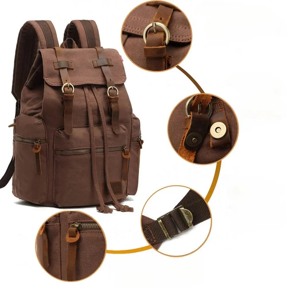 Sac à dos vintage en toile marron présenté sous plusieurs angles