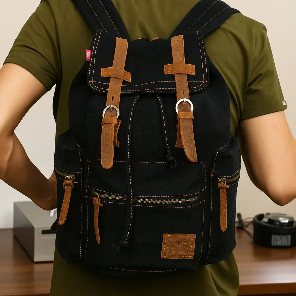 Sac à dos vintage en toile noire avec sangles en cuir marron et bretelles ajustables.