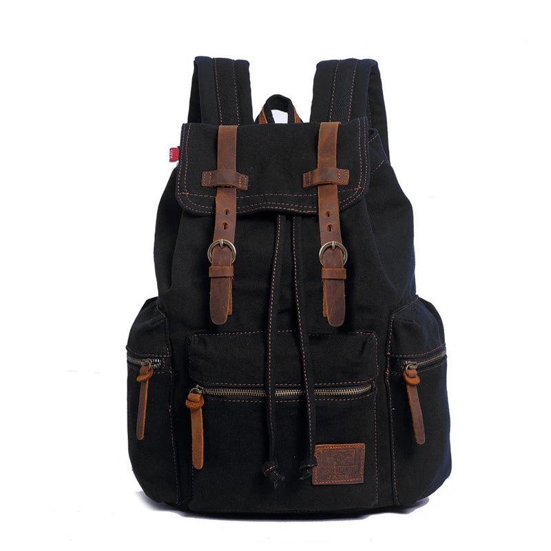 Sac à dos vintage en toile noir avec sangles en cuir