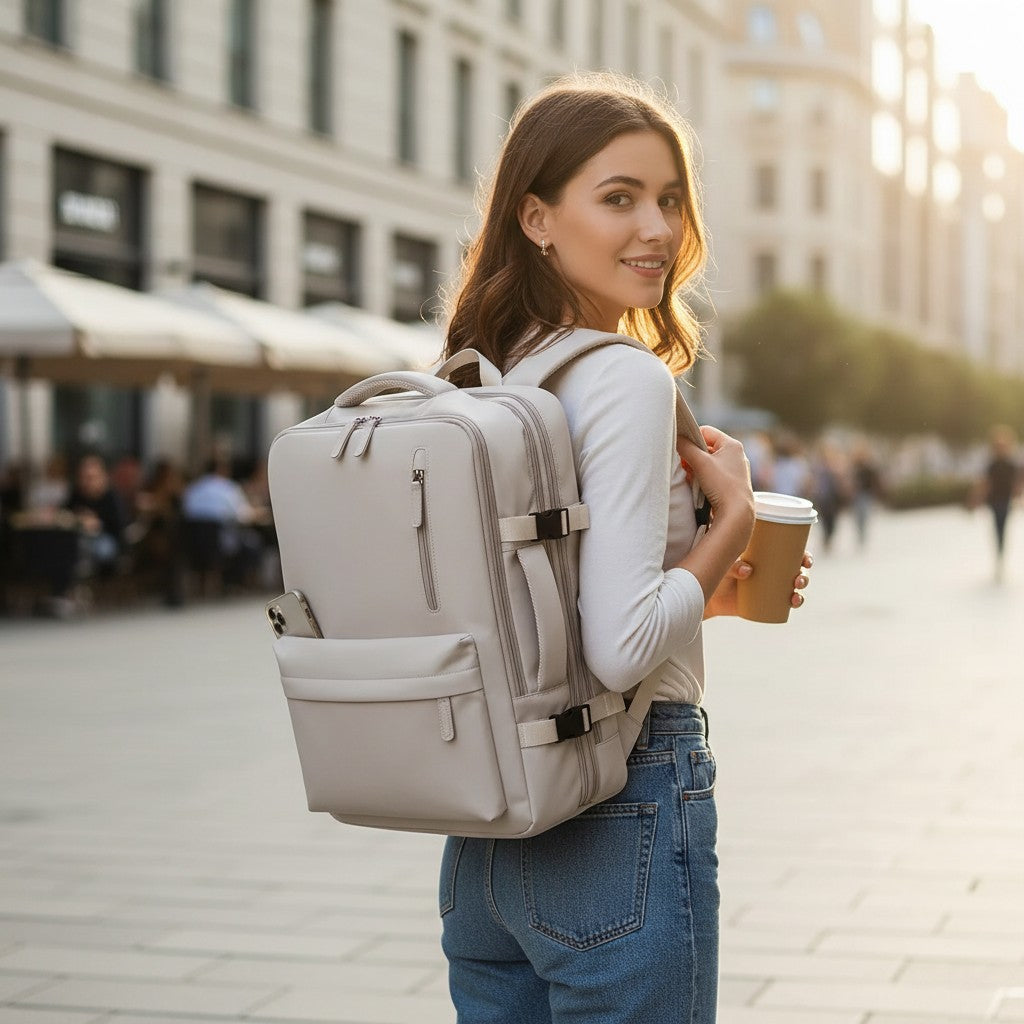 Sac à dos de voyage 35L blanc – Grand compartiment cabine, multipoches et port USB porté sur le dos