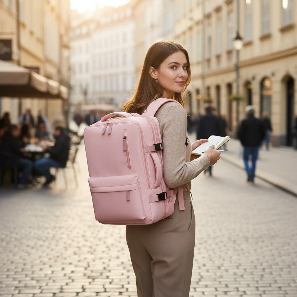 Sac à dos cabine 35L rose – porté sur le dos d’un adulte, vue extérieure urbaine