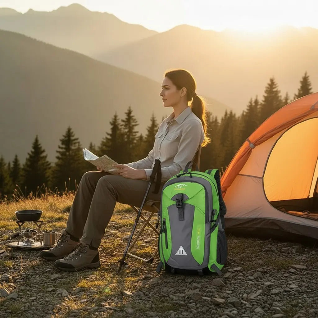 Sac à dos de voyage 40L utilisé en camping près d'une tente au coucher du soleil