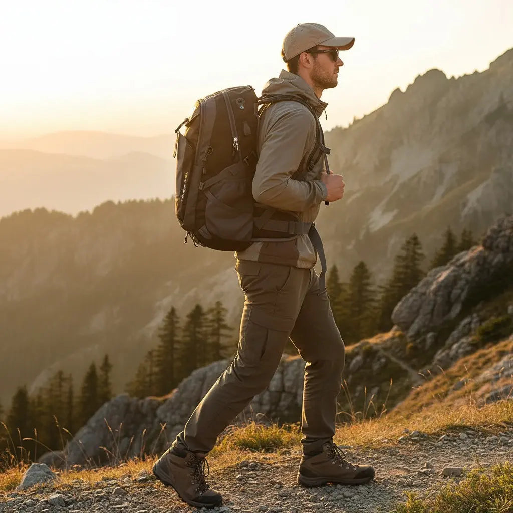 Homme portant un sac à dos de voyage 40L lors d'une randonnée en montagne