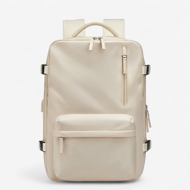 Sac à dos de voyage extensible 23-39L beige avec port USB et poche frontale
