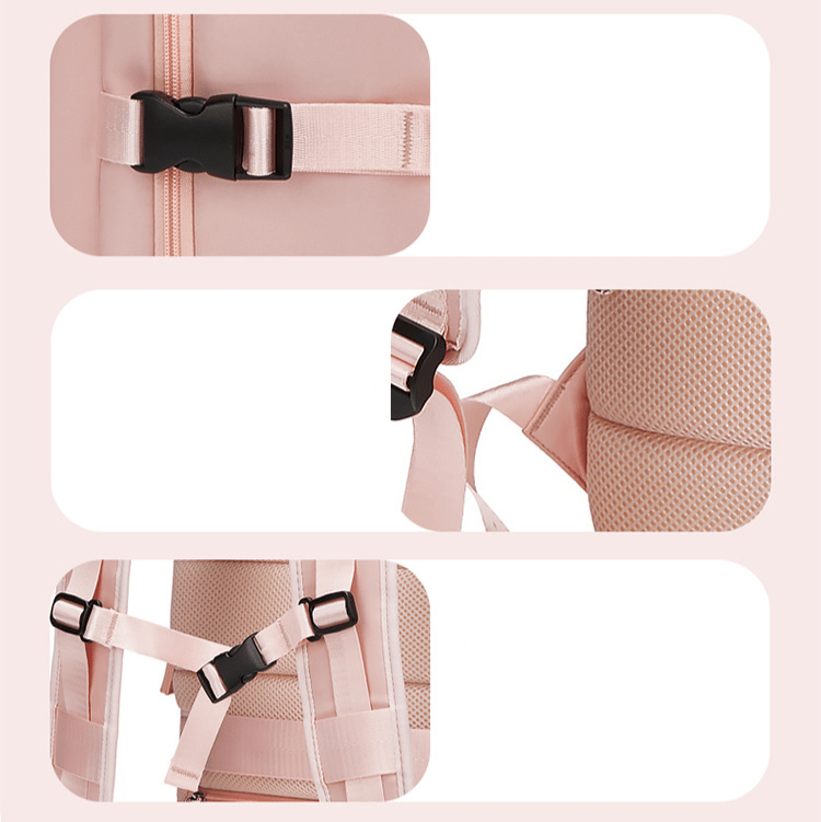 Détails des sangles et coutures du sac à dos de voyage extensible 23-39L rose