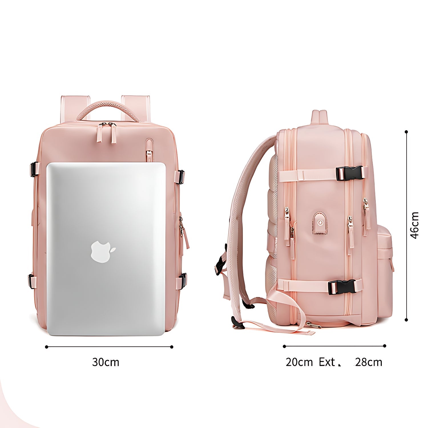 Sac à dos de voyage extensible 23-39L rose avec compartiment arrière pour ordinateur portable