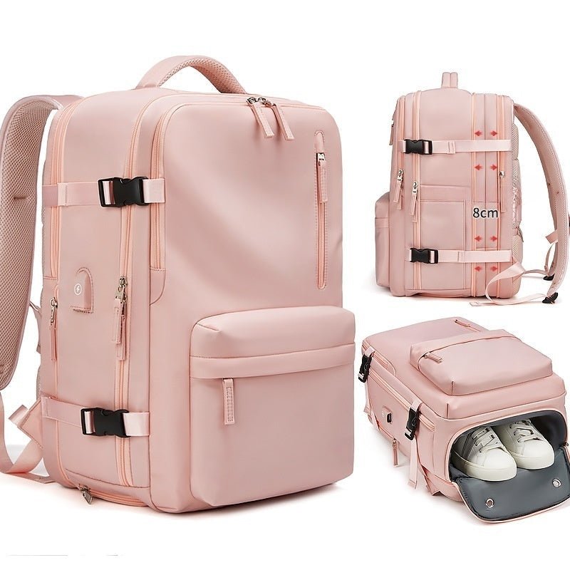 Sac à dos de voyage extensible 23-39L rose avec port USB intégré sur le côté