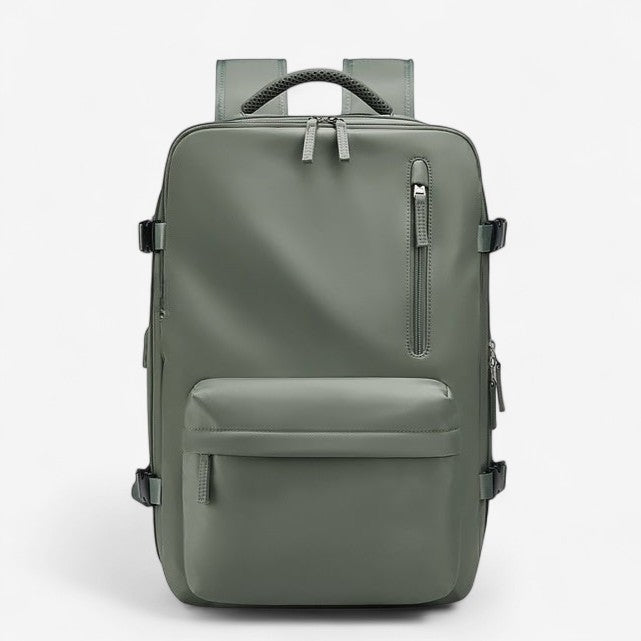 Sac à dos de voyage extensible 23-39L vert avec design sobre et compartiment frontal