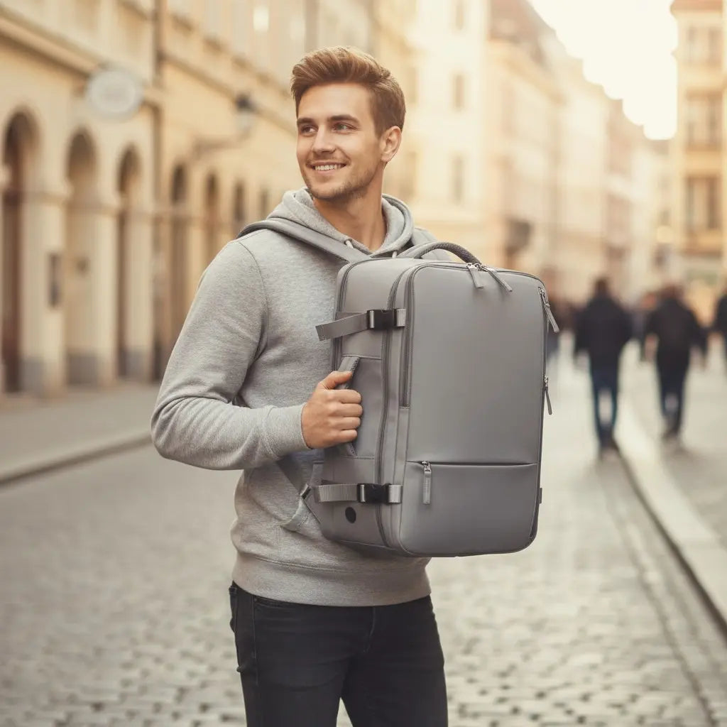 Vue de face d’un sac à dos de voyage gris porté dans une rue urbaine