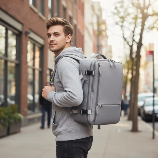 Vue de profil d’un sac à dos de voyage gris porté en ville