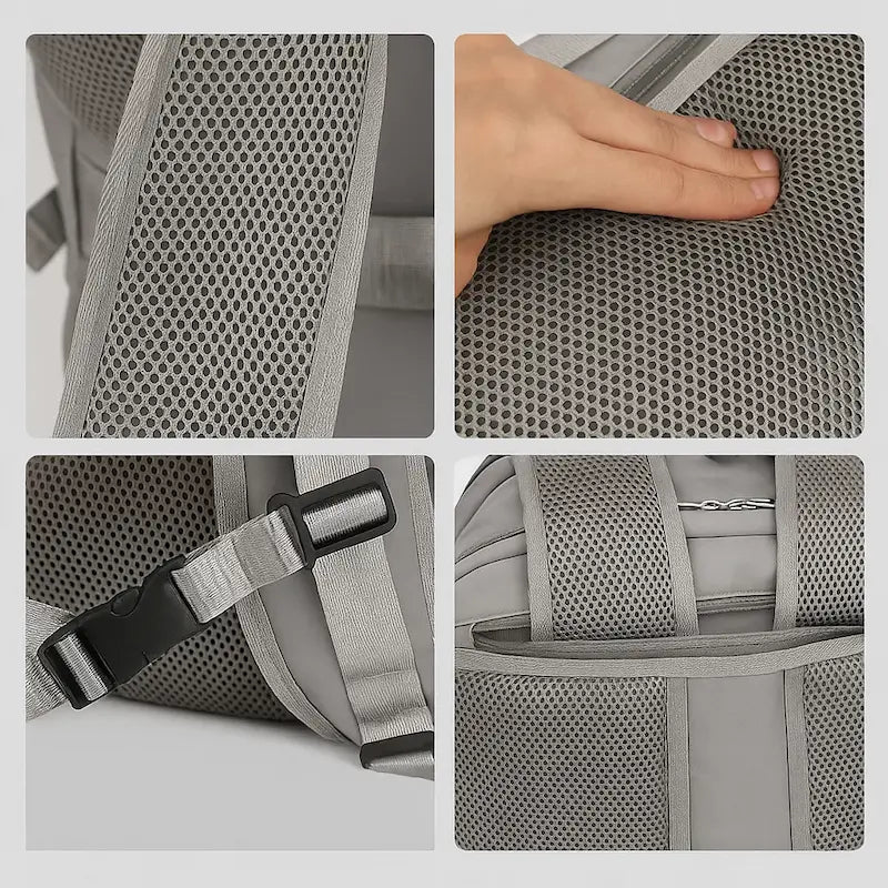 Détails du sac à dos de voyage mixte avec renforts et coutures résistantes