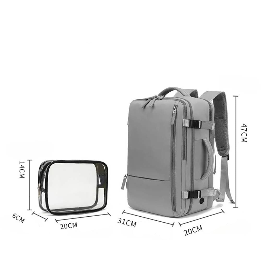 Dimensions du sac à dos de voyage mixte gris au format cabine, avec vue avant et latérale illustrée