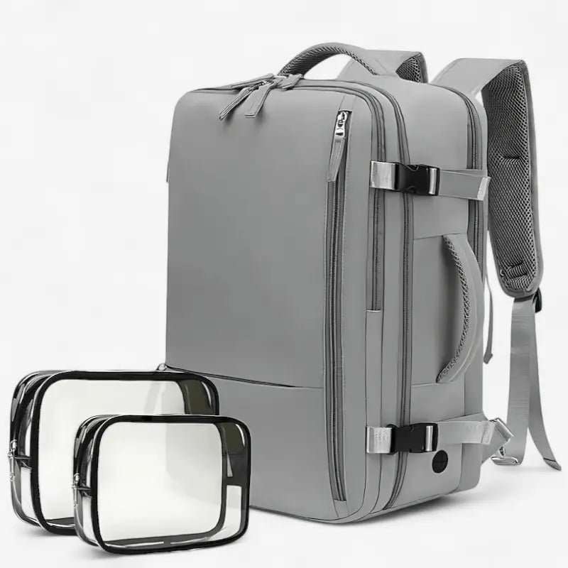 Sac à dos de voyage mixte gris avec multiples compartiments imperméable