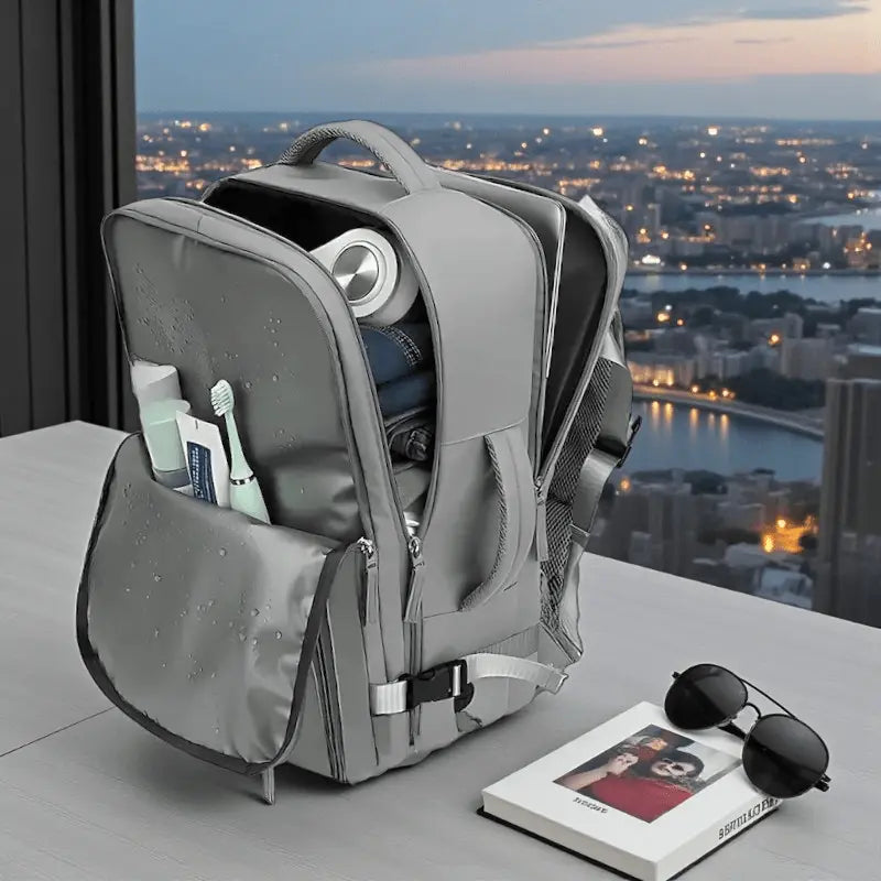 Sac à dos de voyage mixte gris ouvert avec compartiments multiples