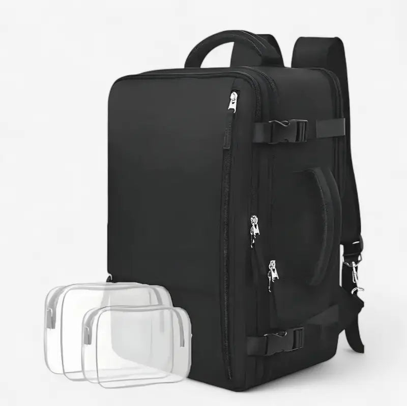 Sac à dos de voyage mixte noir imperméable avec trousses transparentes incluses