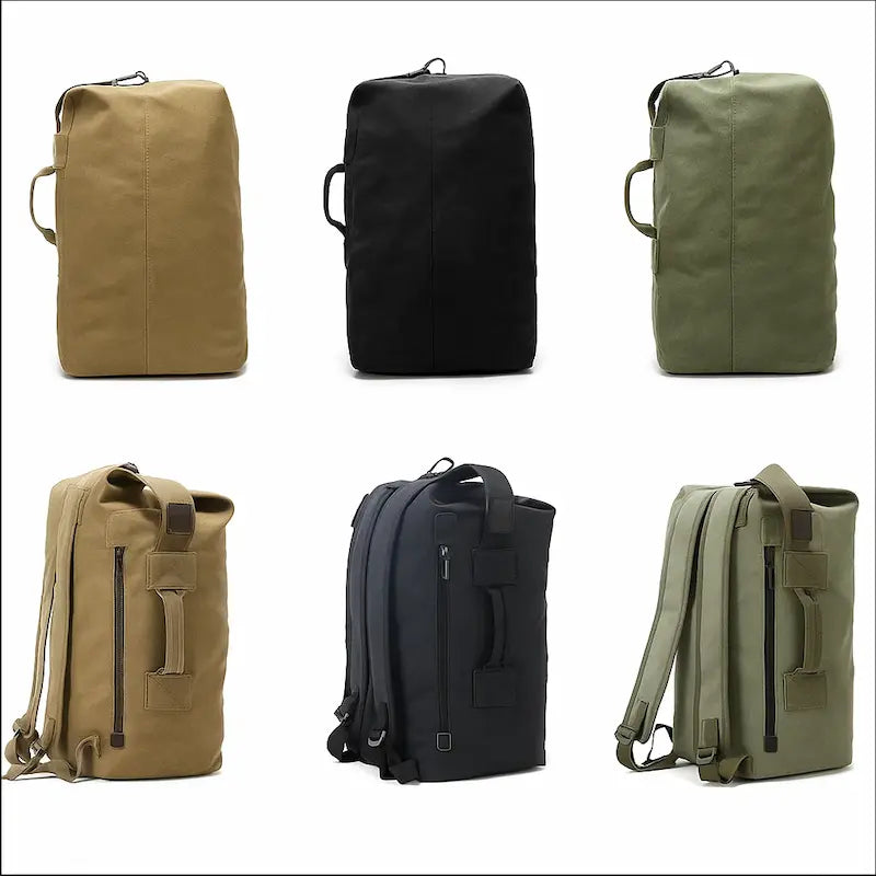 Sac à dos de voyage en toile robuste décliné en plusieurs couleurs noir, vert et kaki