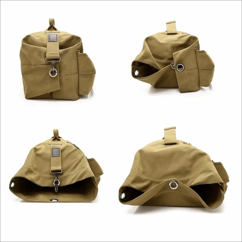 Démonstration du système de fermeture du sac à dos de voyage en toile robuste kaki