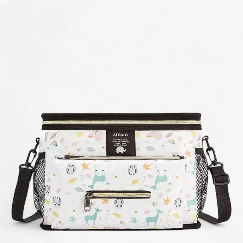 Sac à langer bandoulière blanc avec motifs colorés et poche frontale