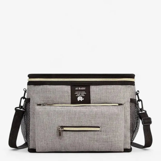 Sac à langer bandoulière gris avec poche avant et bandoulière réglable