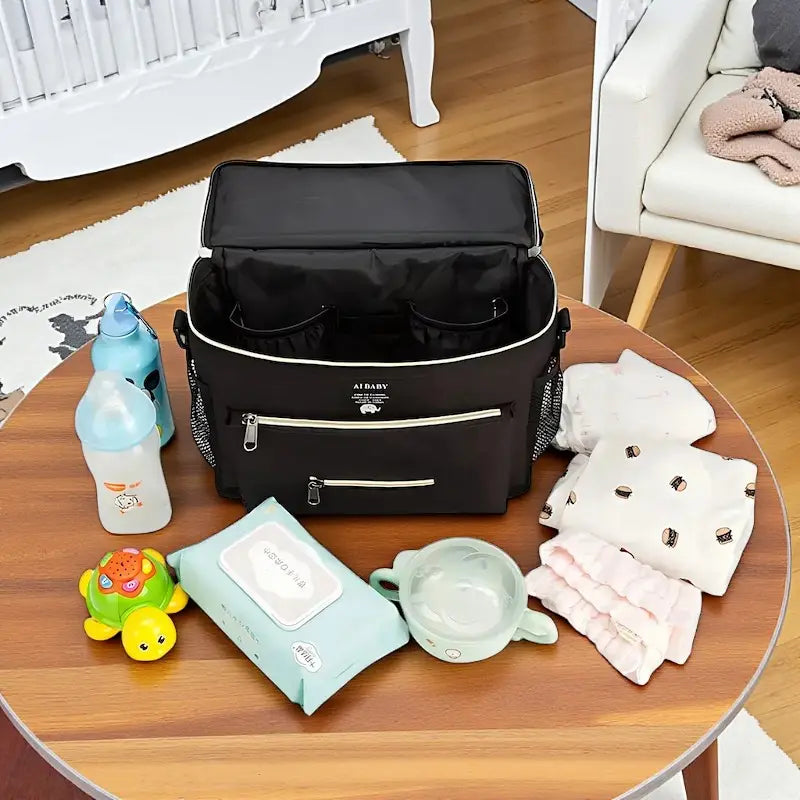sac à langer bandoulière noir ouvert sur une table avec accessoires de bébé, biberons et lingettes