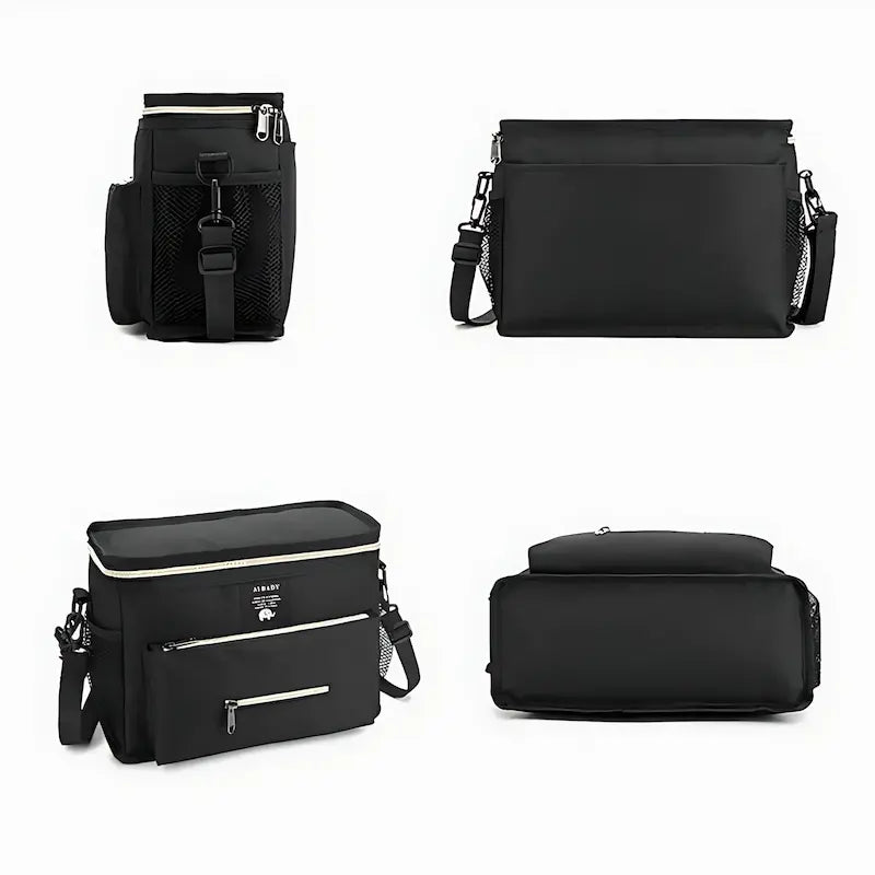 Sac à langer bandoulière noir vu de côté et en ensemble avec trousse