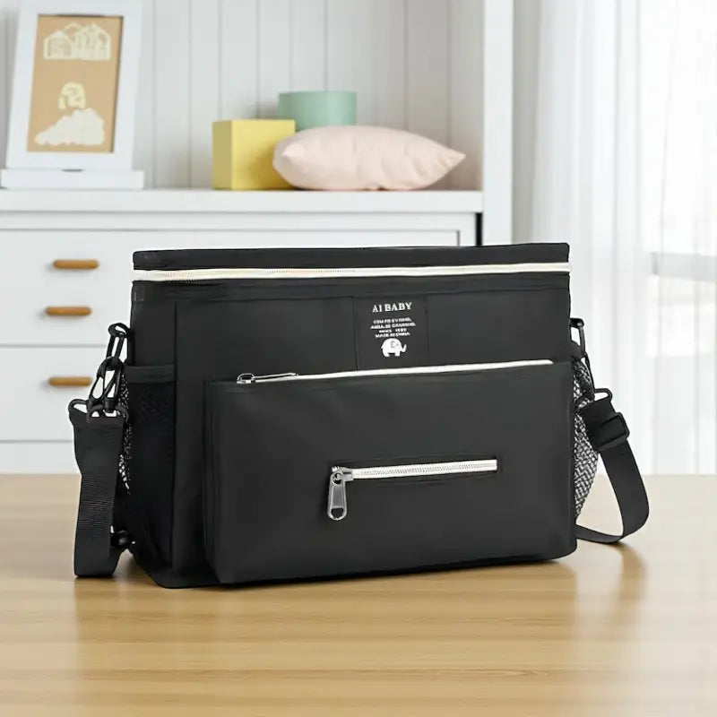 Sac à langer bandoulière noir avec poche frontale zippée