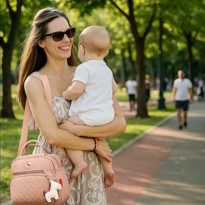 Maman portant un sac à langer bébé rose élégant avec bandoulière