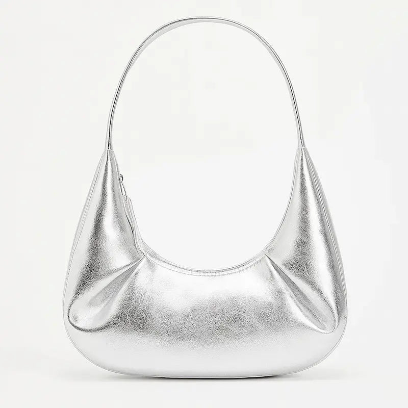Sac à main croissant argenté en cuir PU brillant avec bandoulière courte