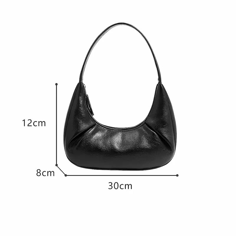 Sac à main croissant noir en cuir PU brillant avec dimensions 30 × 12 × 8 cm