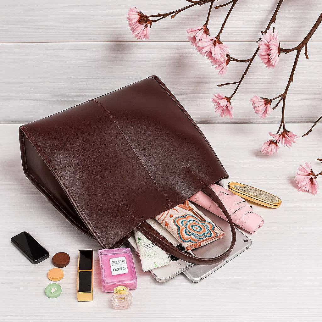 Vue de dessus d’un sac à main brun ouvert avec accessoires disposés autour sur fond clair.