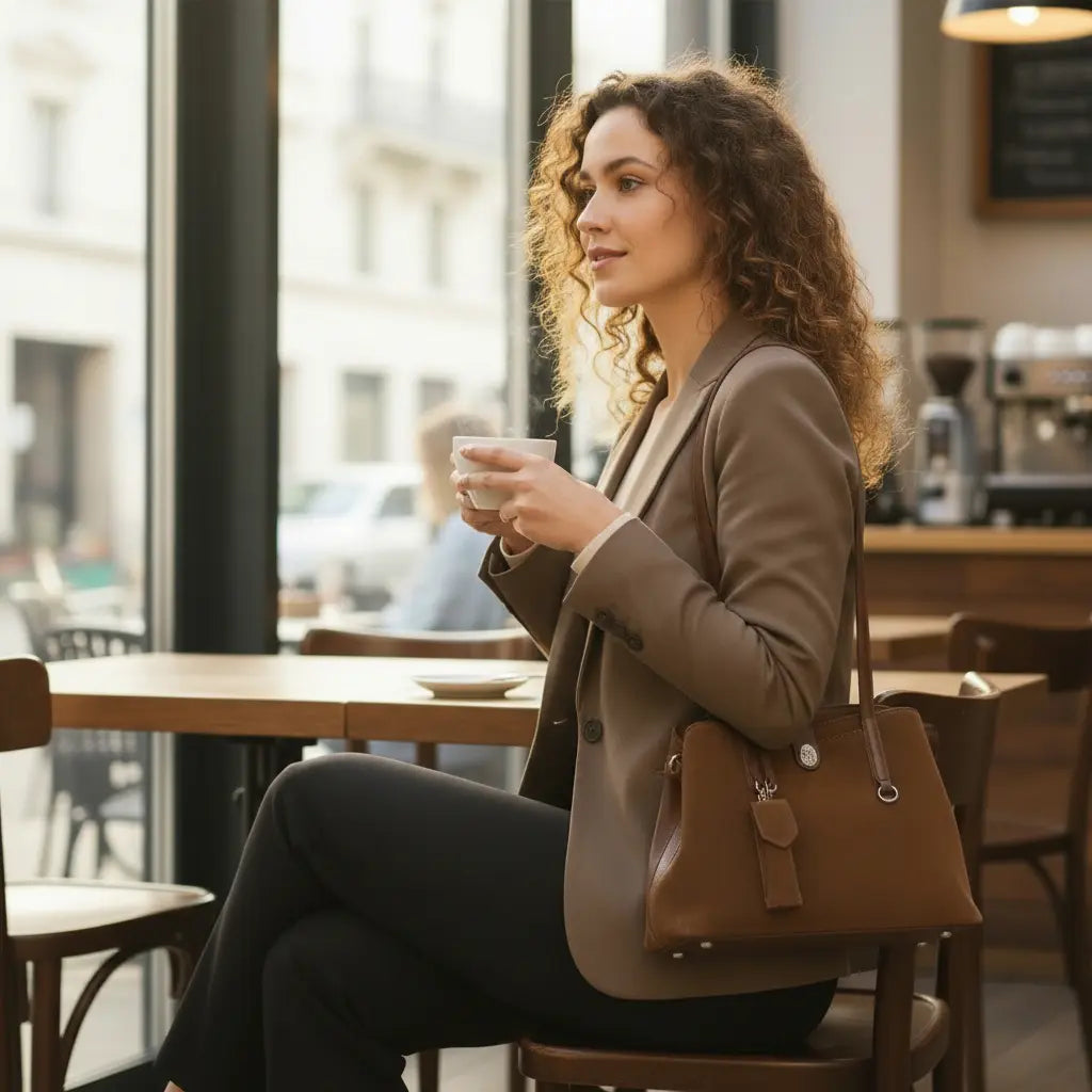 Sac à main femme en cuir suédé marron porté à l’épaule, format moyen, scène lifestyle en café urbain